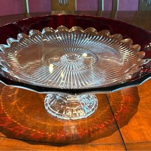 Elegant Red and Clear Glass Pedestal platter